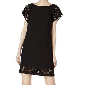 Calvin Klein Women's Laser Cut Short Sleeve Sheath Dress Black Gold Zipper sz 2